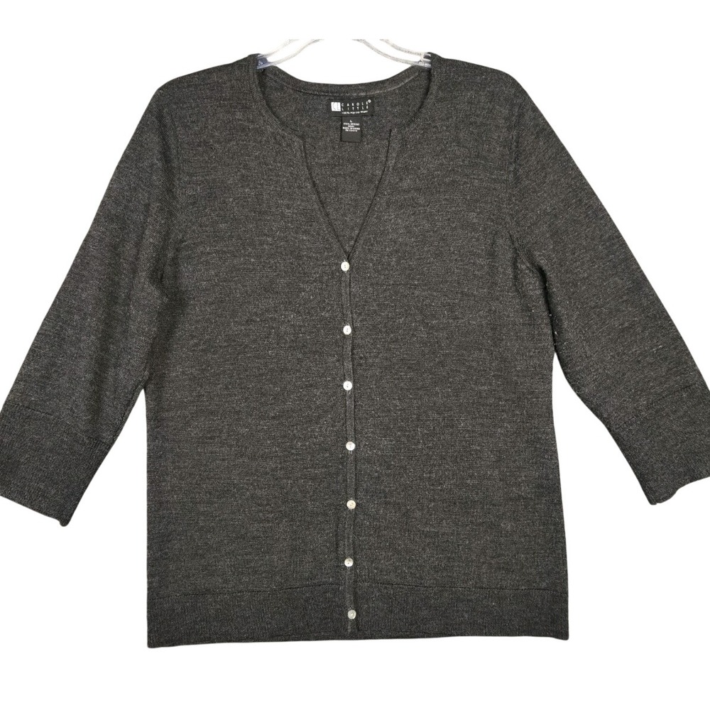 Carole Little 100% Merino Wool Cardigan Sweater‎ Women's Large Gray Button Up